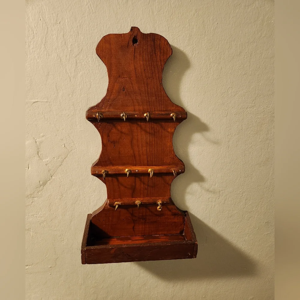 Antique Vintage Wooden Key or Jewelry Hook Tray Holder Wall Mount-Stands Alone